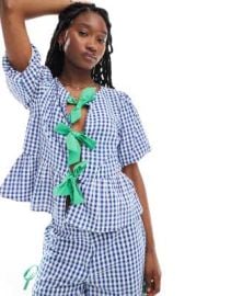 Neon Rose gingham and bow detail smock blouse in blue and green - part of a set at ASOS